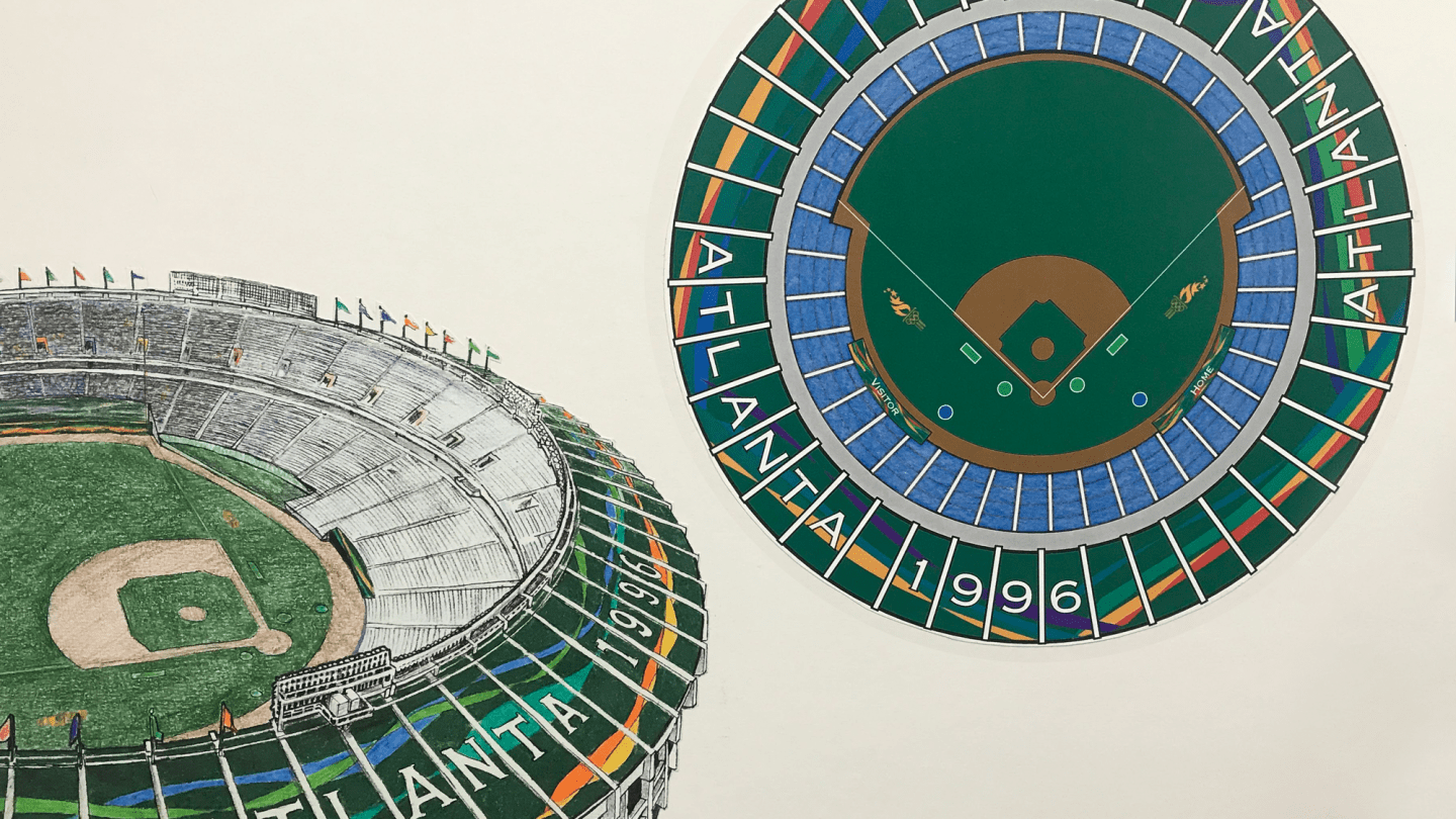 Detail of proposed Olympic graphics for Atlanta-Fulton County Stadium, Look of the Games committee presentation board