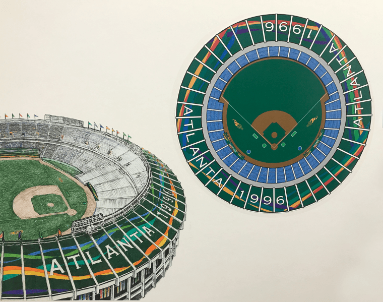 Two drawings of green Atlanta stadiums with fields on cream color background