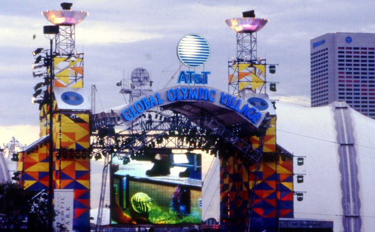 AT&T Global Olympic Village stage in Centennial Olympic Park | Unidentified photographer, Atlanta, circa July 1996 | Georgia Amateur Athletic Foundation Collection, Kenan Research Center at Atlanta History Center