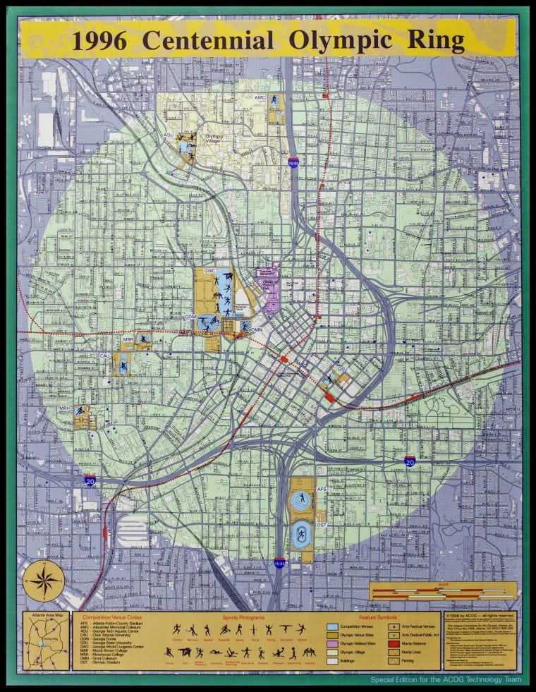 Transit map that shows the locations of the games in a green circle on a blue map with gold borders