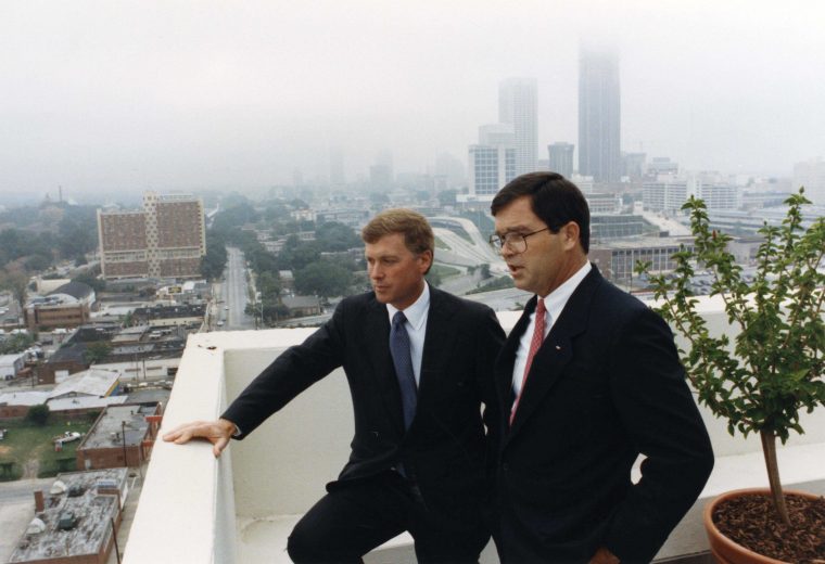 Billy Payne and Dan Quayle View the Future Park Site from the Roof of the Inforum Building