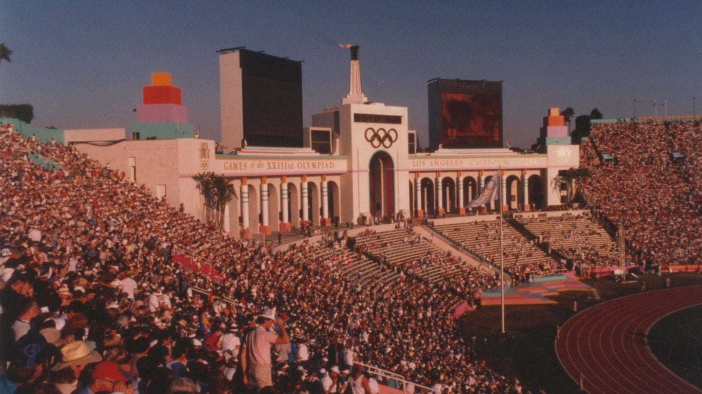 View of peristyle end of Los Angeles Memorial Coliseum during the 1984 Olympic Games