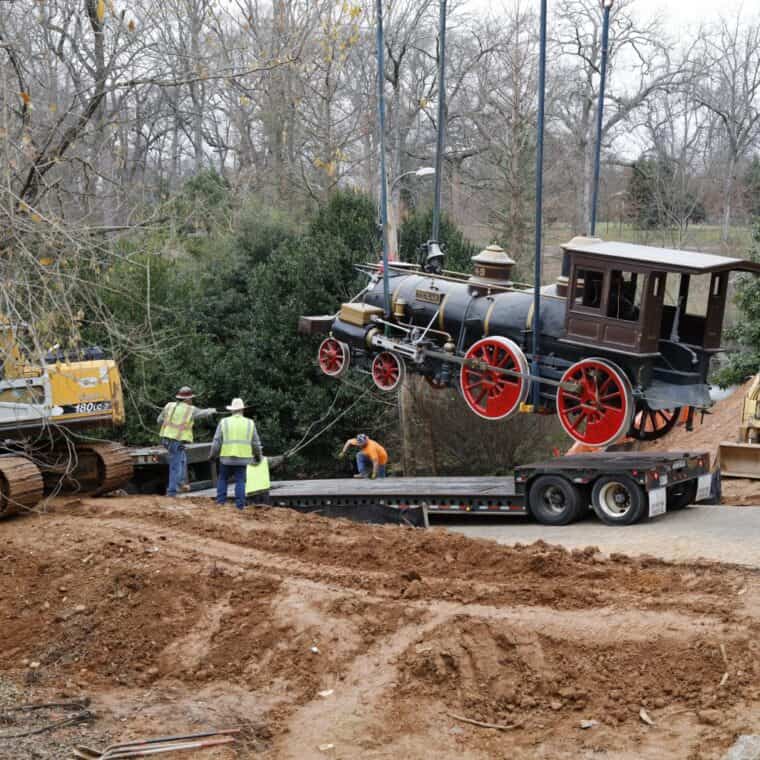 the texas locomotive being lifted