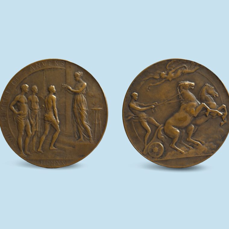 Bronze medals with one side with people talking and the other with a person on a chariot with a horse