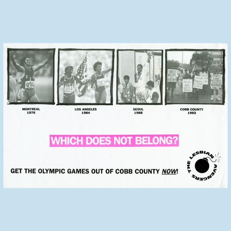 Poster of four women in sports with a headline that says Who Does Not Belong? Get the Olympic Games out of Cobb County Now!