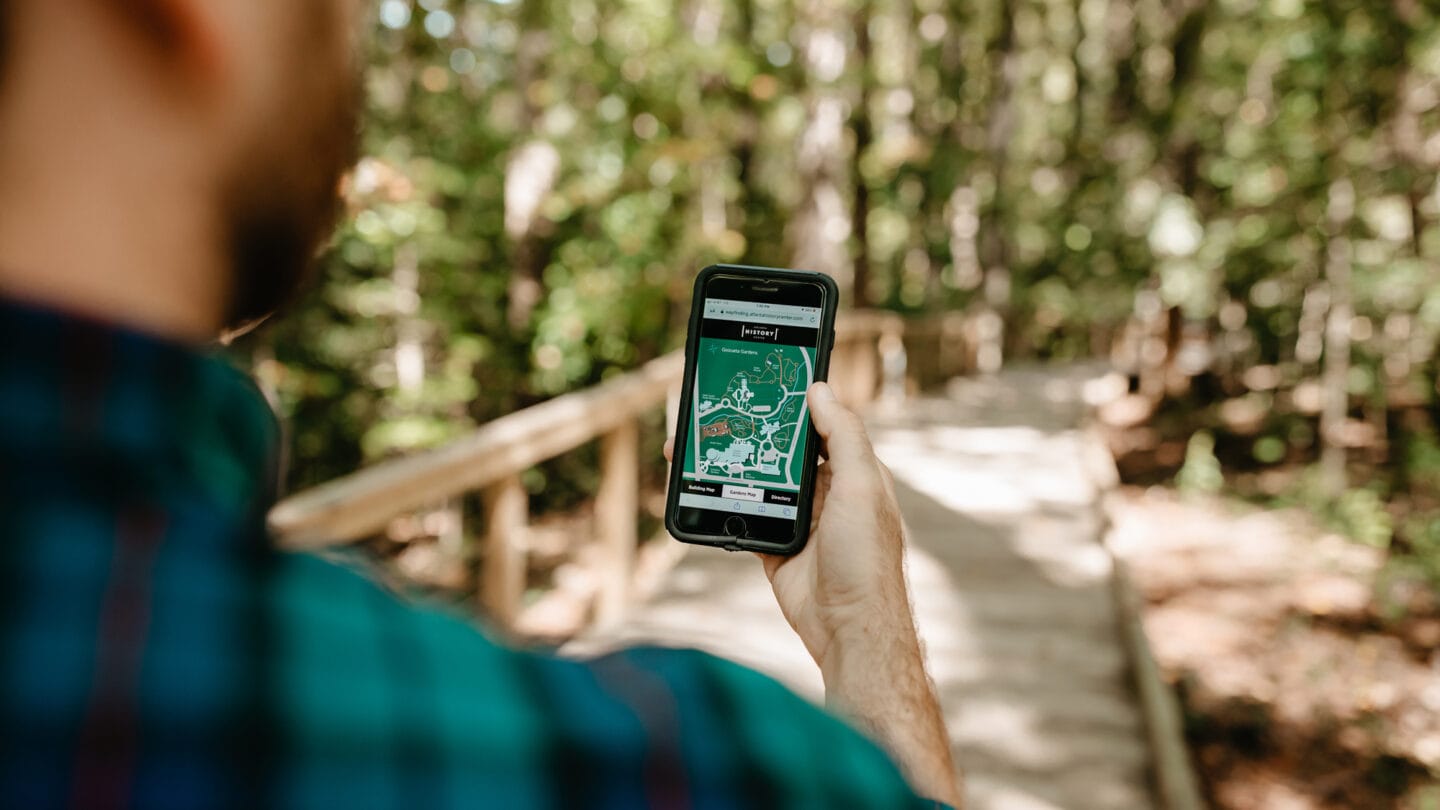 man holding phone looking at digital map