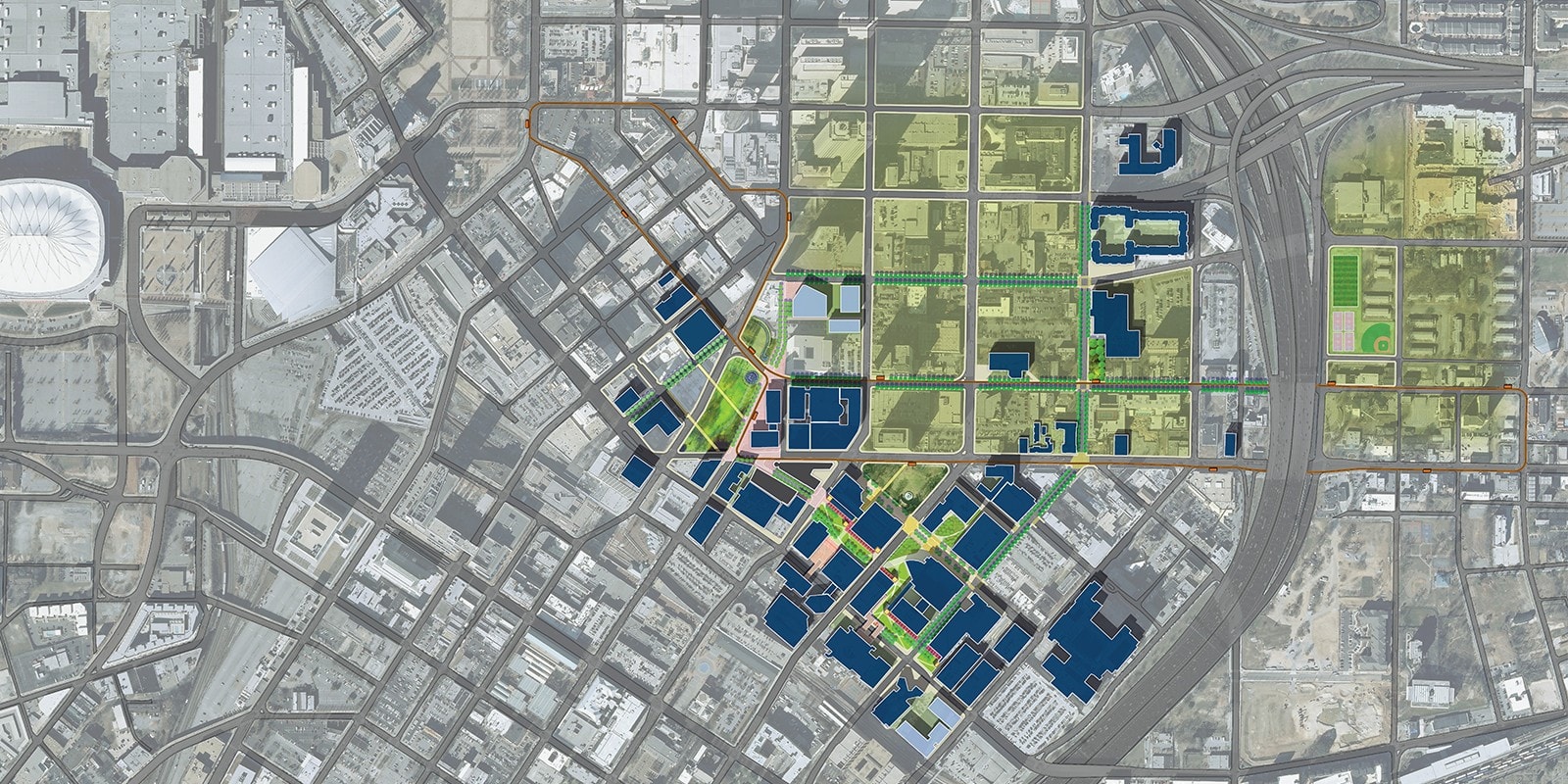 Grayscale map of Georgia State campus in downtown Atlanta with the campus colored