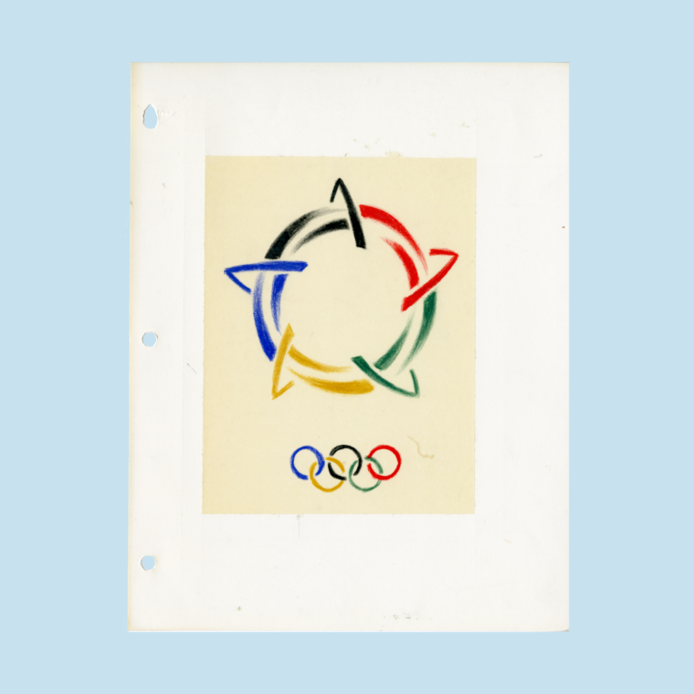 Sketch of Olympic logo with black, red, green, yellow, and blue arrows and rings on white paper on blue background