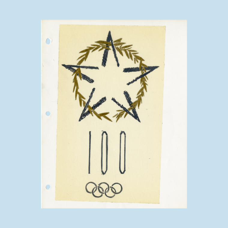 Sketch of Olympic logo with blue star, gold wreath above the number 100 and Olympic rings on white paper on blue background