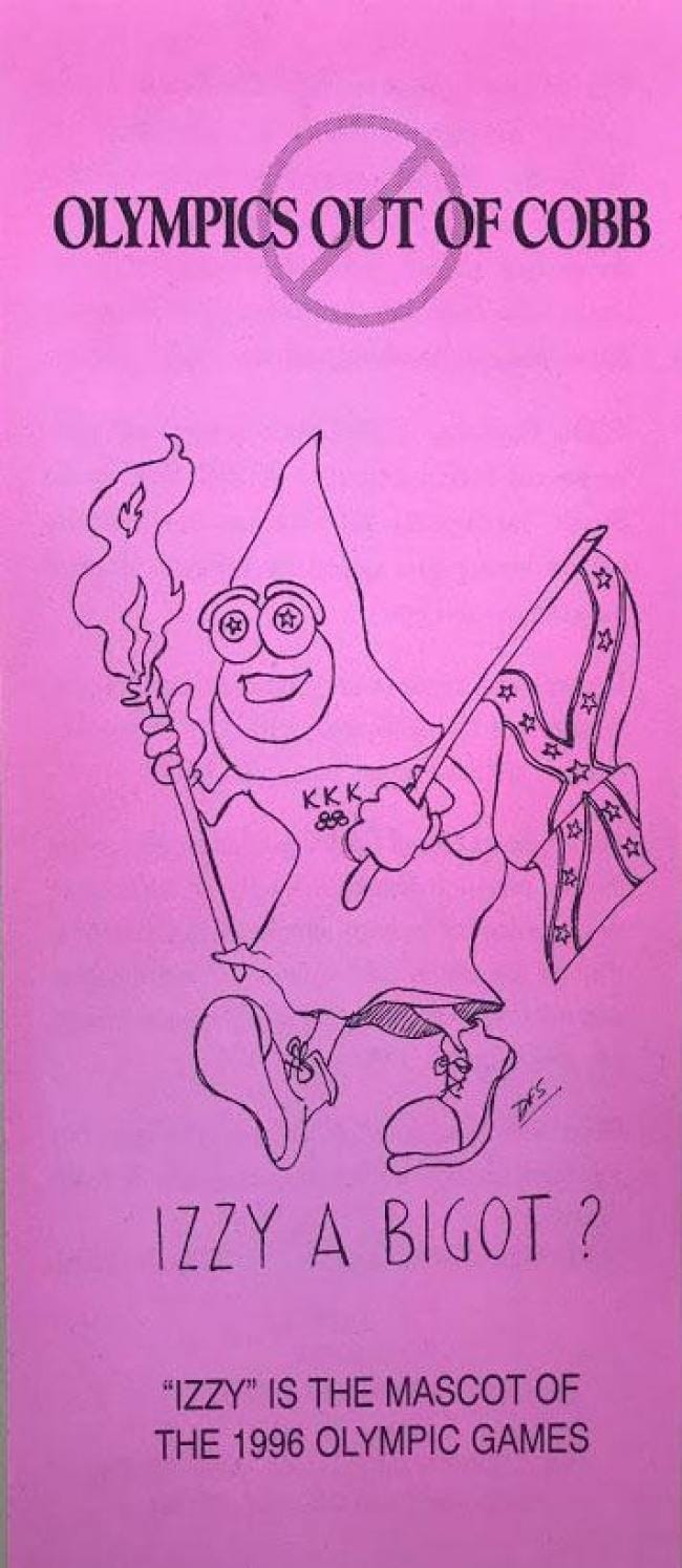 Izzy a Bigot? Olympics Out of Cobb pamphlet picturing appropriated Olympic mascot dressed in Ku Klux Klan robe Atlanta