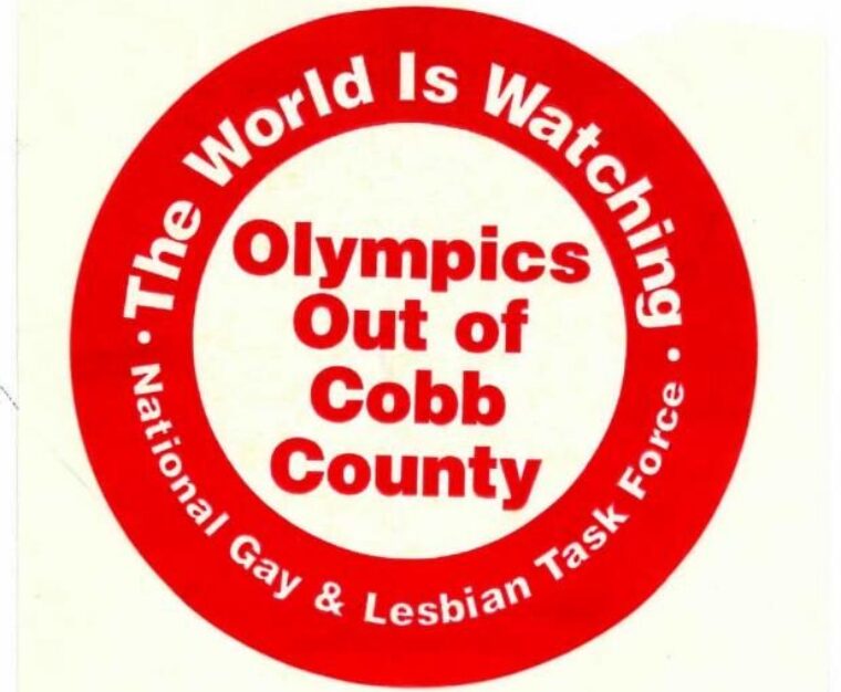 Olympics Out of Cobb stickers and demonstration poster Atlanta