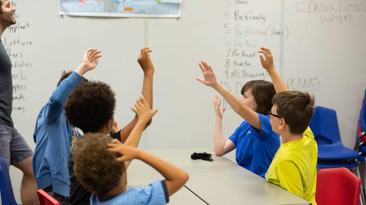 children raising their hands at summer camp