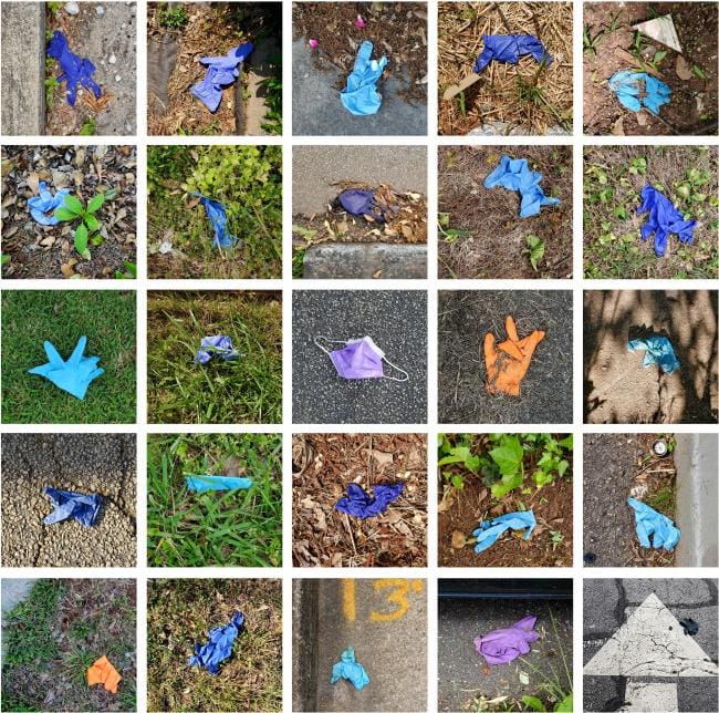 Photo grid of latex gloves on the ground
