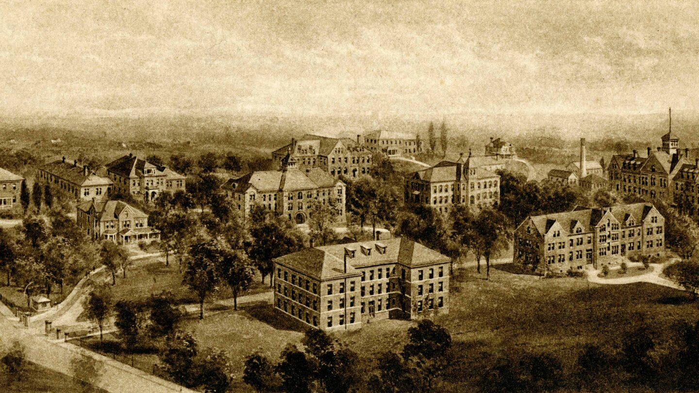 View of Spelman College campus with Giles Hall at right and Rockefeller Hall at center. Atlanta Historic Postcard Collection