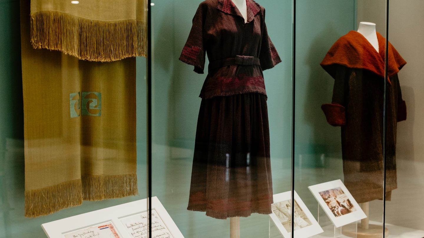weavings of Mary Hambidge behind glass
