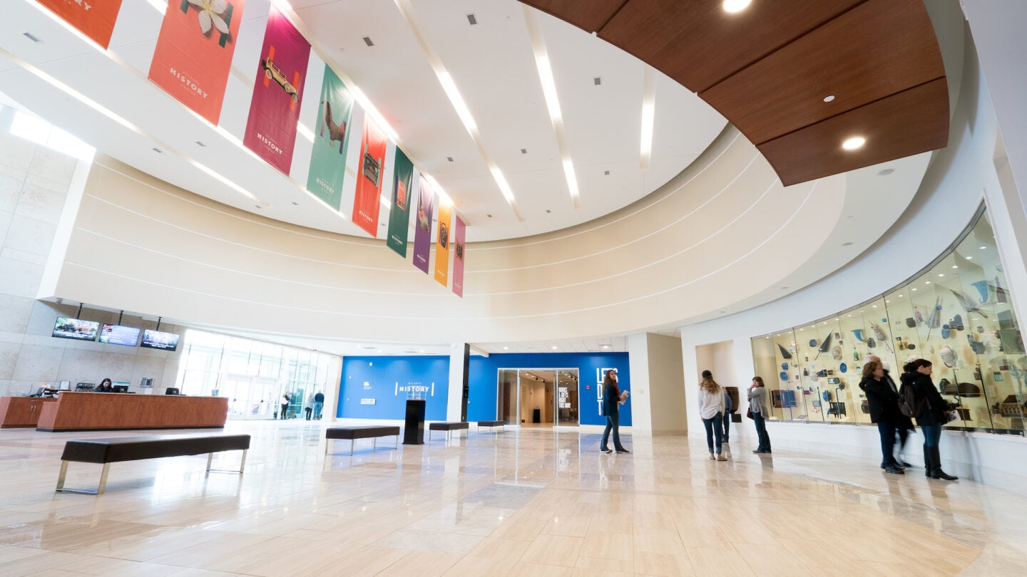 Museum atrium with guests viewing the Visual Vault