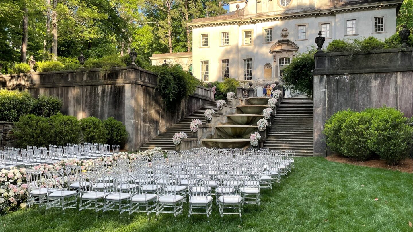 Wedding ceremony set up in Swan House Gardens
