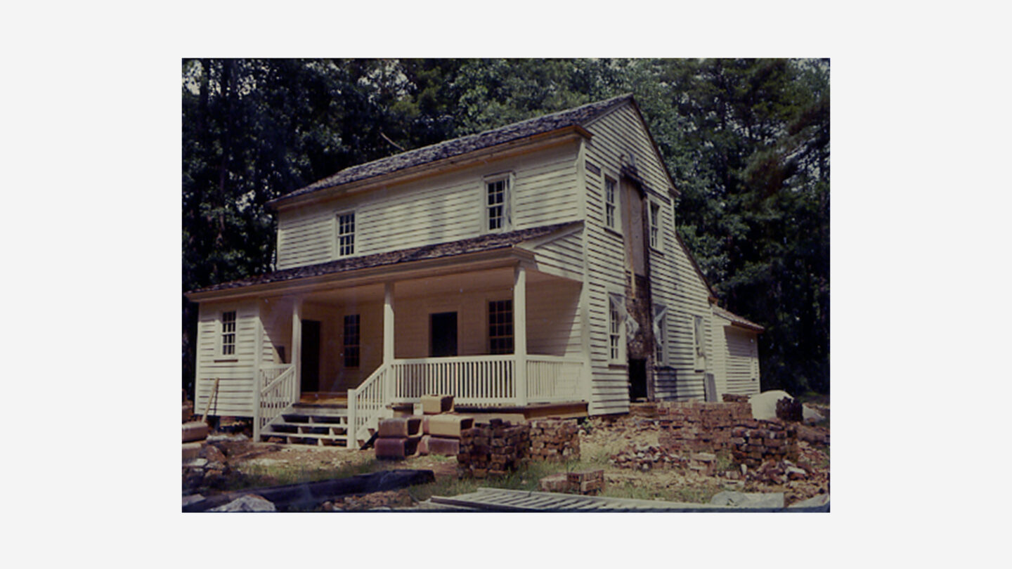 View of Tullie Smith House once it arrived at Atlanta History Center.
