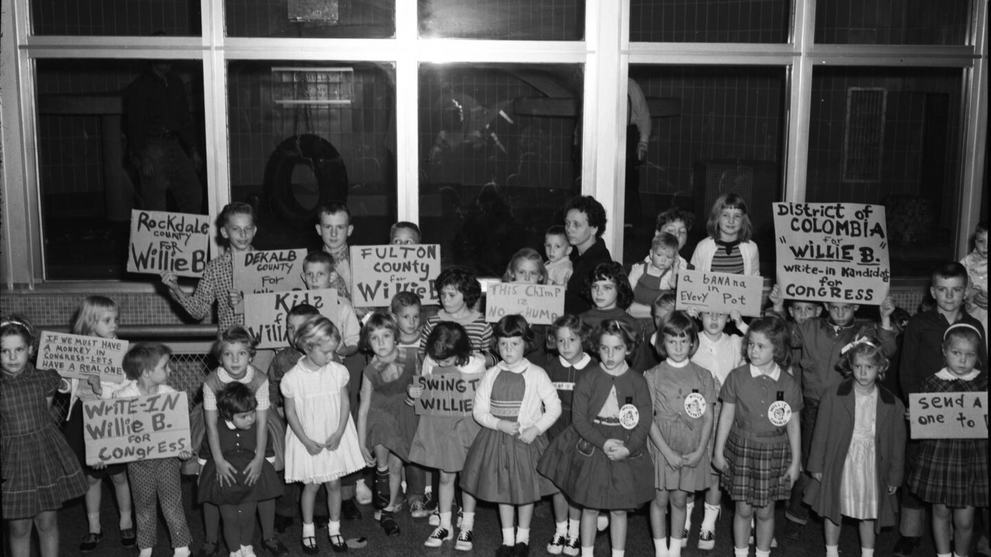 Children with campaign signs for the Zoo Atlanta gorilla "Willie B."
