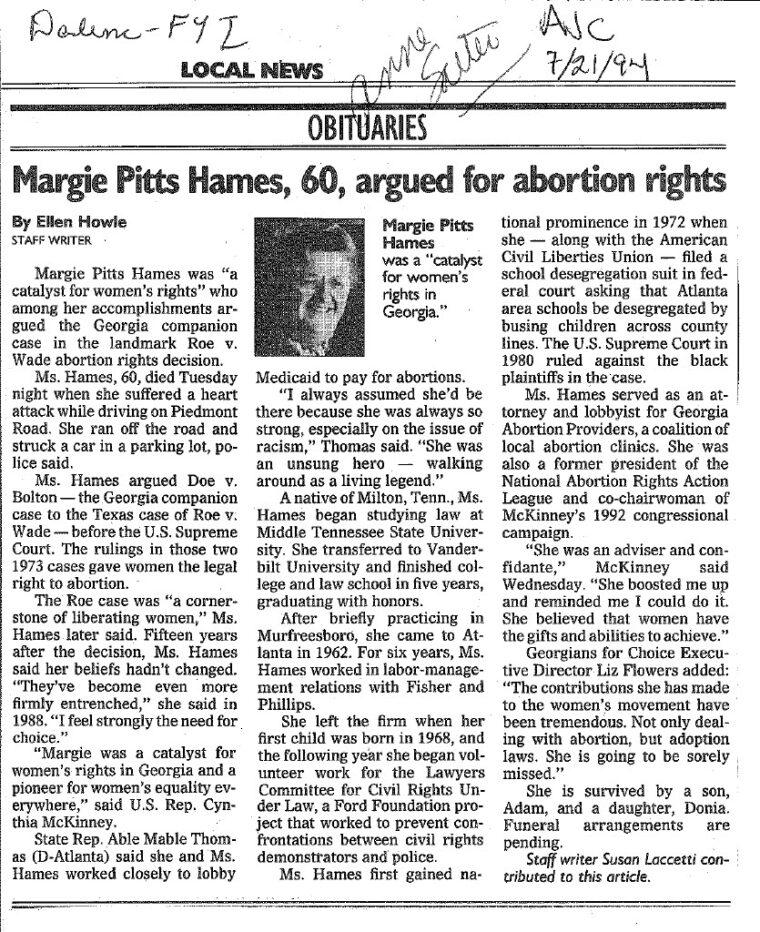 Clipping of Margie Pitts Hames's obituary in the July 21, 1994, edition of the Atlanta Journal-Constitution.