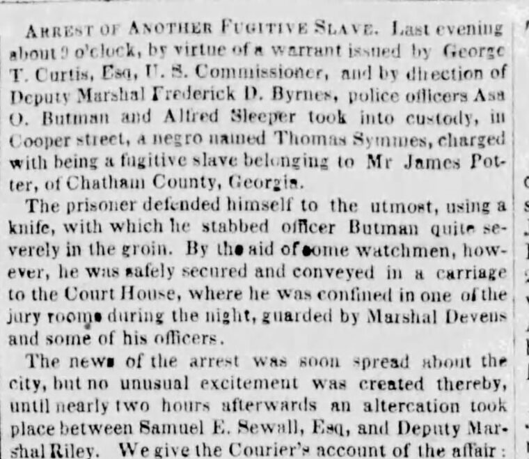 Newspaper clipping of an account of Thomas Sims's arrest in Boston