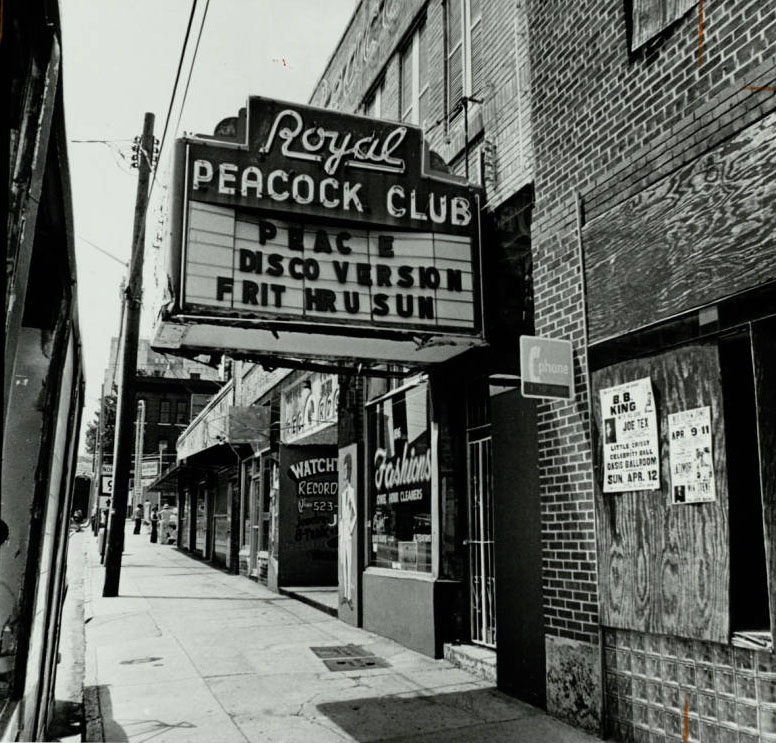 The Royal Peacock billboard during the disco era