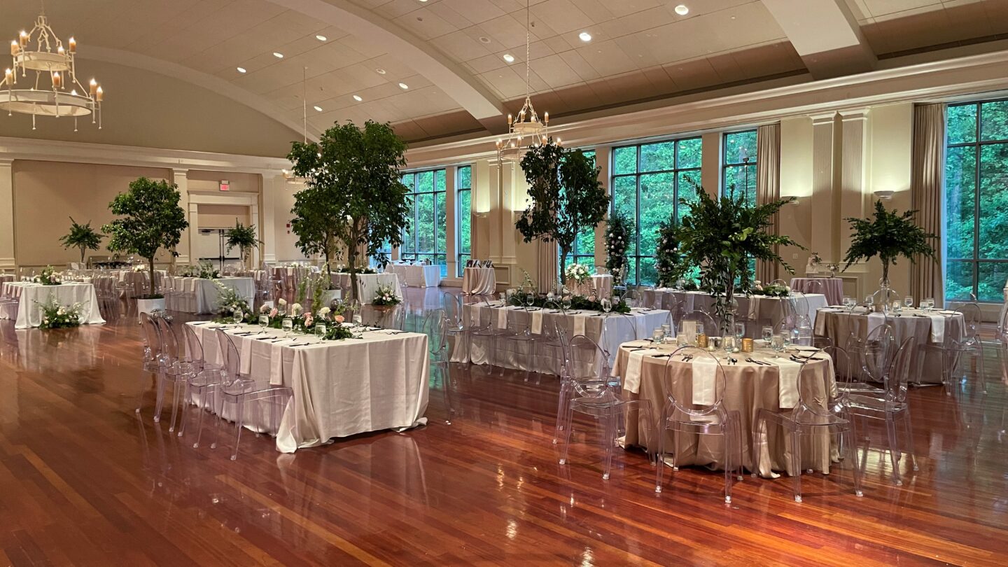 Ballroom set up for a wedding