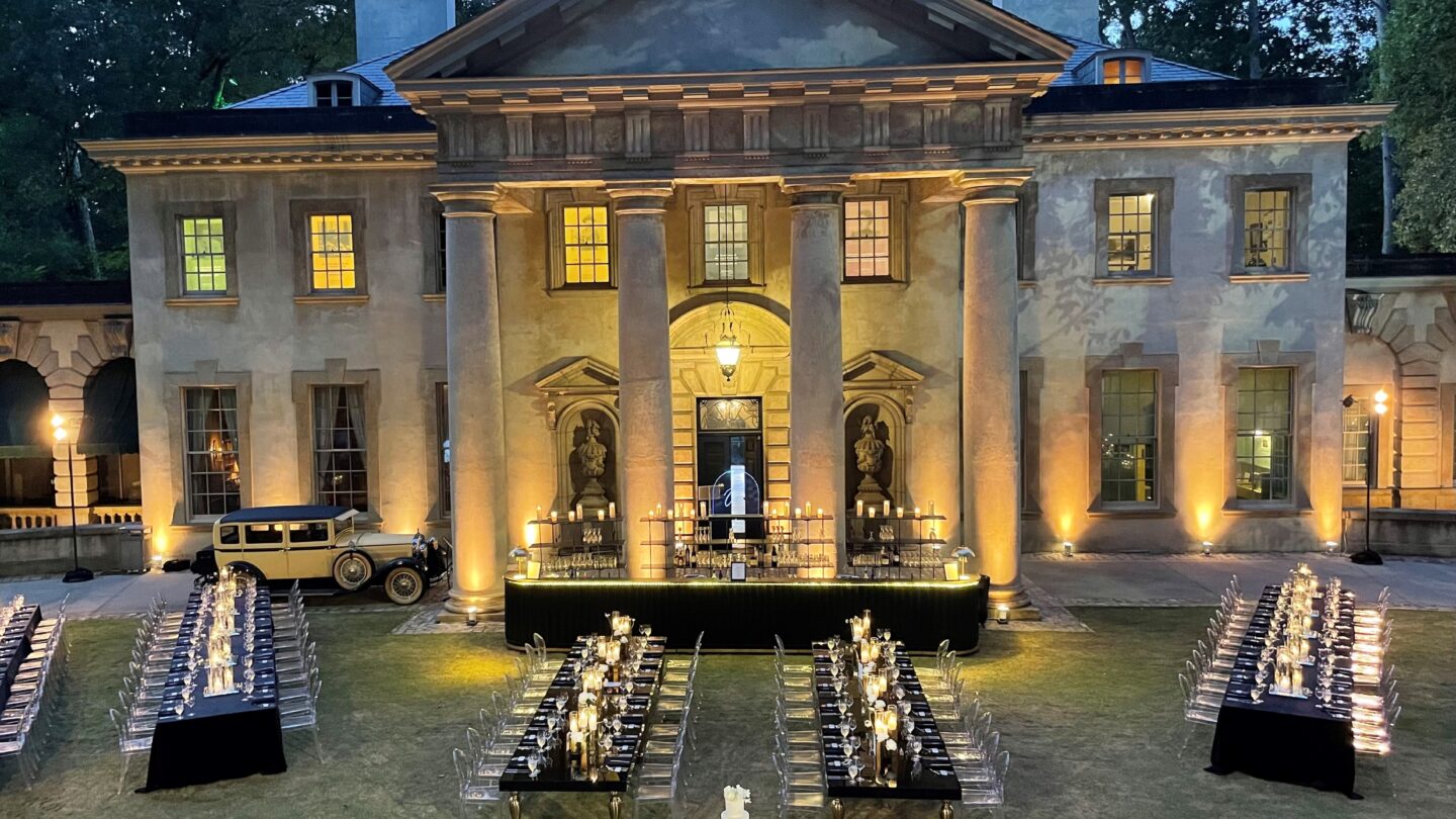 Wedding set up in front of Swan House
