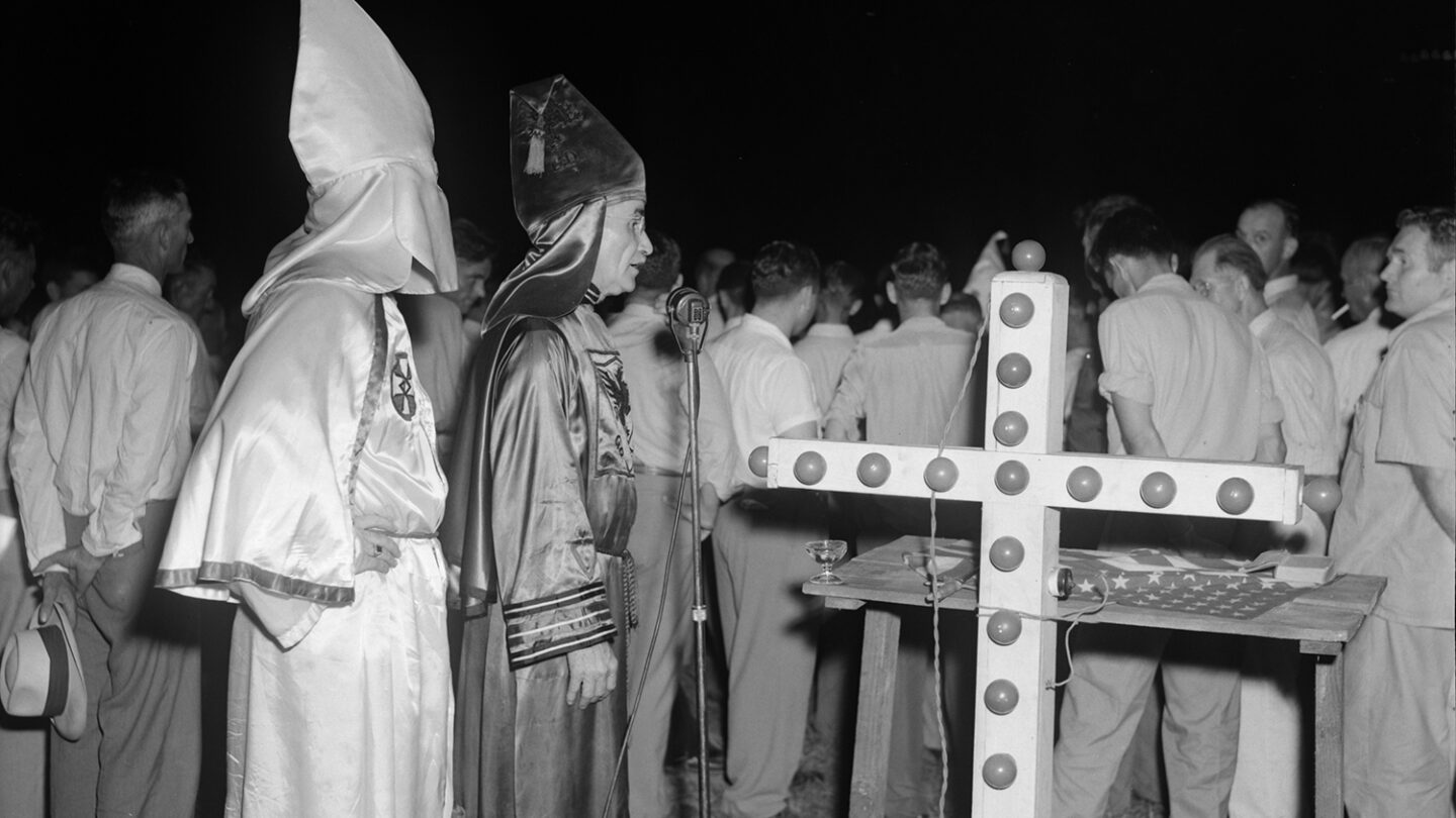 View of Ku Klux Klan ceremony at Stone Mountain, 1948.