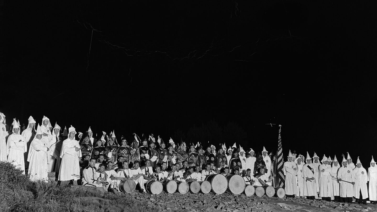 Members of the Ku Klux Klan gather for a rally in Stone Mountain, Georgia circa 1950. The Klan was reborn on top of Stone Mountain in 1915.