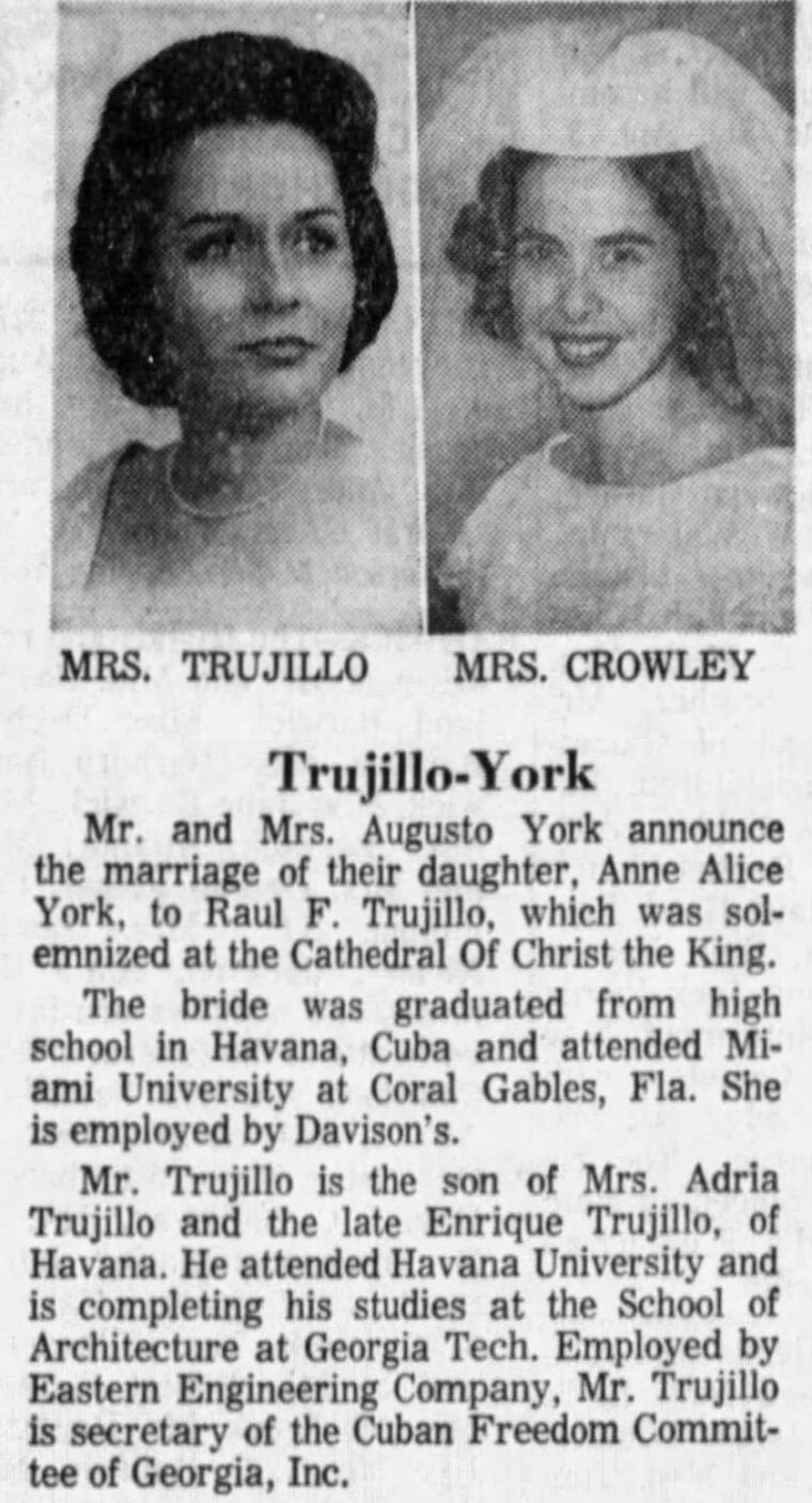 Newspaper announcement of the wedding of Raul and Anne Trujillo, 1964.