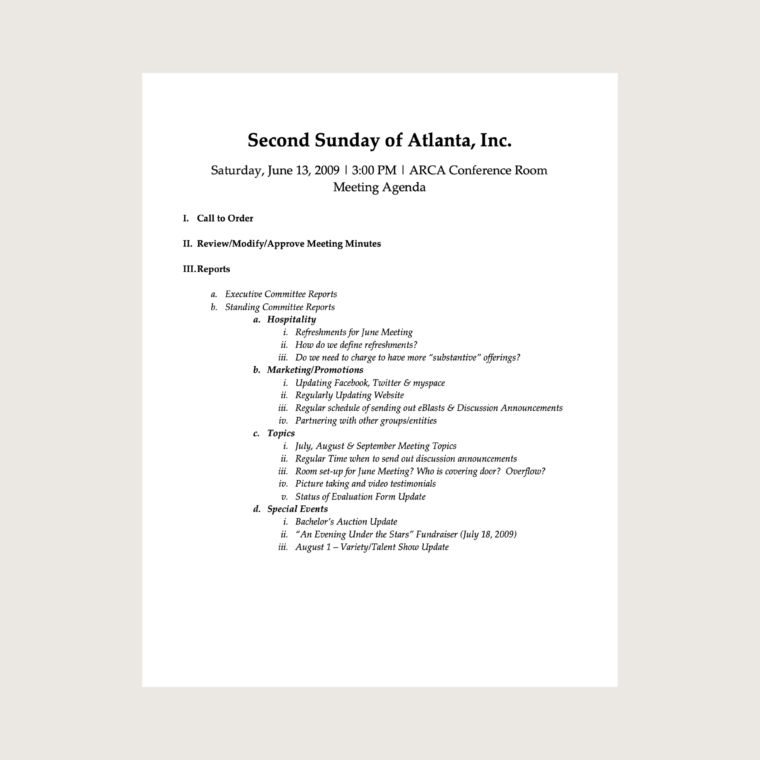 A copy of the Second Sunday board meeting agenda