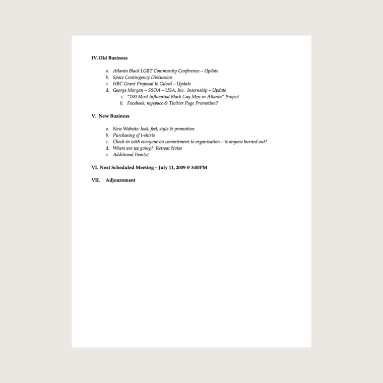 A copy of the Second Sunday board meeting agenda