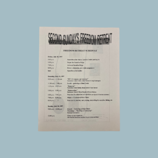 Second Sunday Retreat schedule from July 1997 held at Sassafras Ridge in Turtletown, Tennessee.