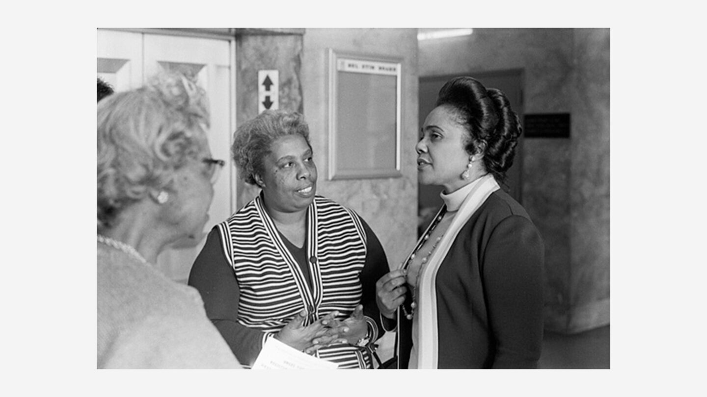 View of community activist Ella Mae Brayboy and Coretta Scott King working on a voter registration campaign, 1974