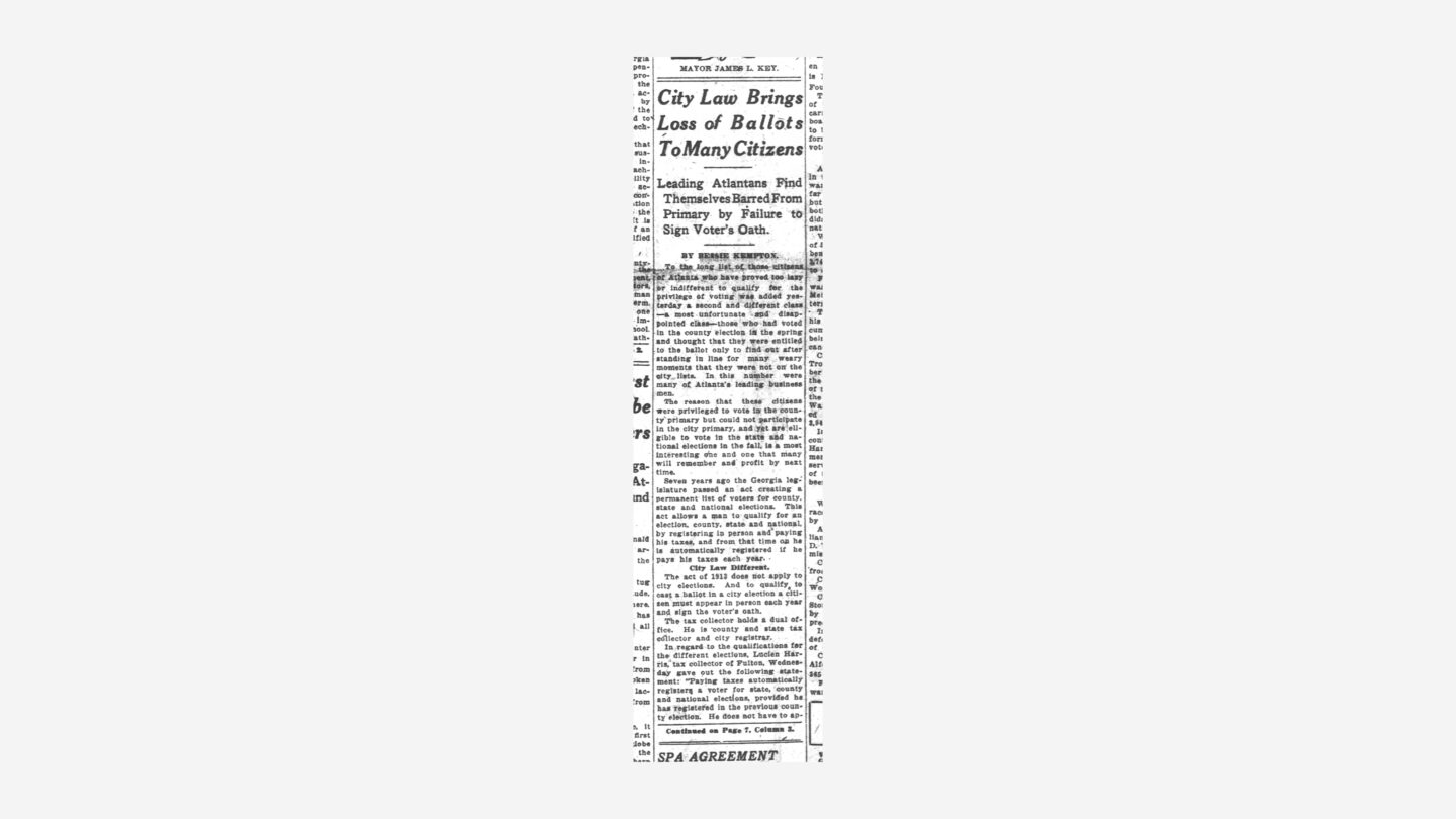 An article by Bessie Kempton in the Atlanta Constitution about eligible voters not appearing on voting rolls due to differences in state and city laws