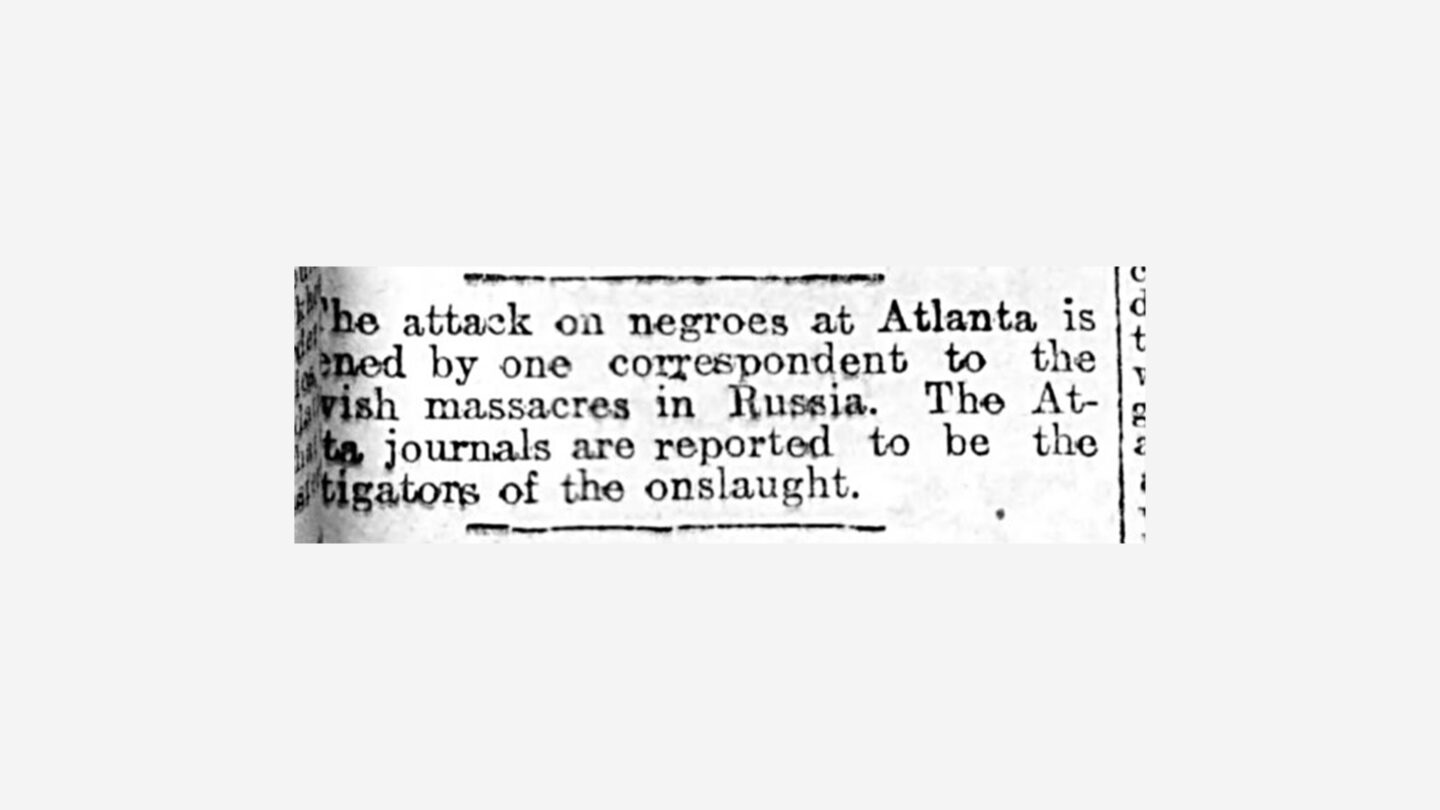 Evening Express, Liverpool, England, page 3, September 25, 1906, which reads, “The attack on negroes at Atlanta is likened by one correspondent to the lavish massacres in Russia.”