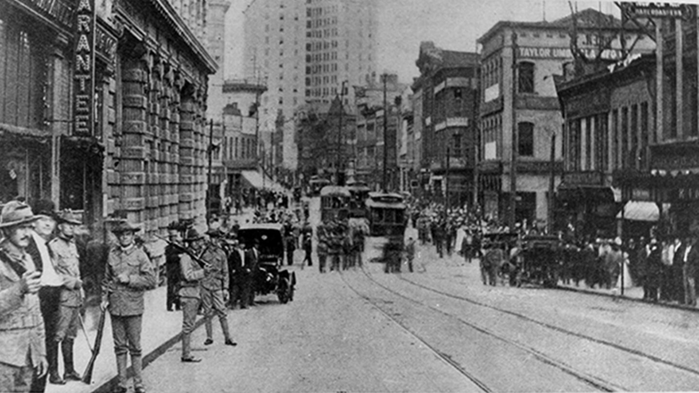 Georgia State militia on Peachtree Street just south of Five Points in the aftermath of the 1906 Race Massacre