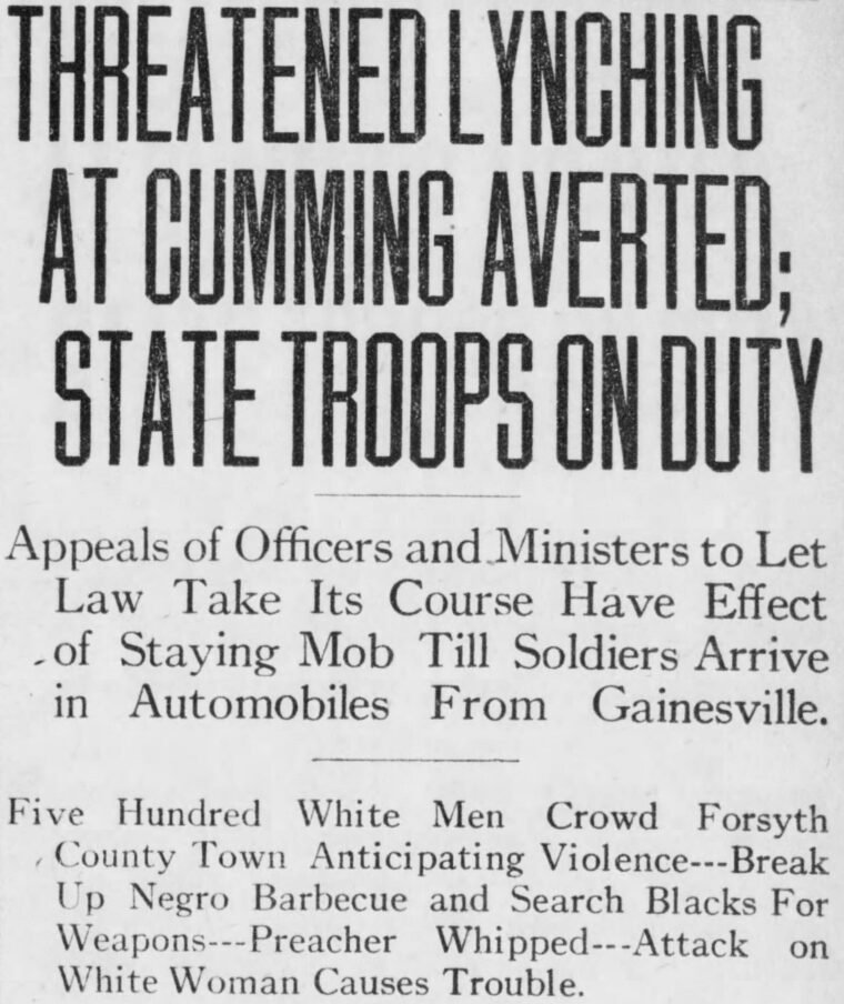 “Threatened Lynching at Cumming Averted; State Troops on Duty,” Atlanta Georgian, September 7, 1912