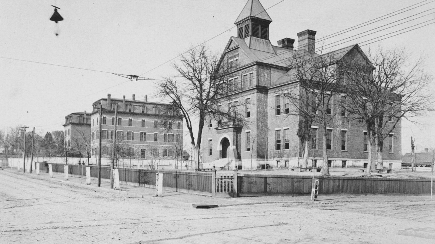 View of Morris Brown College and Boulevard School at the corner of Boulevard and Houston Street (now John Wesley Dobbs Avenue), east of downtown Atlanta