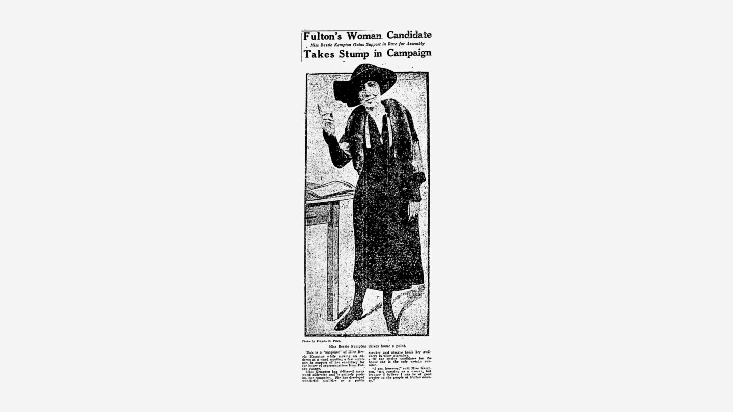 "Fulton's Woman Candidate Takes Stump in Campaign: Miss Bessie Kempton Gains Support in Race for Assembly." 1922.The Atlanta Constitution (1881-1945), Aug 20, 6