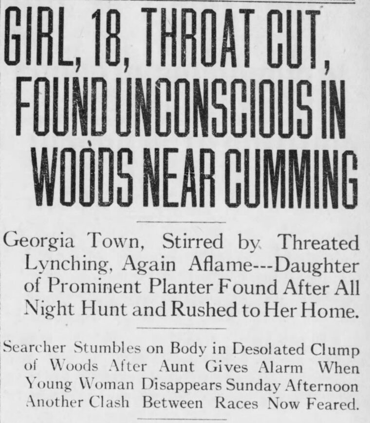 “Girl, 18, Throat Cut, Found Unconscious in Woods Near Cumming,” Atlanta Georgian, September 9, 1912