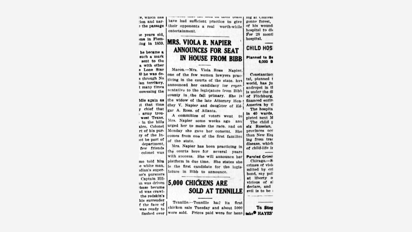 The Milledgeville news Re Viola Ross Napier. (Milledgeville, Ga.) June 02, 1922.