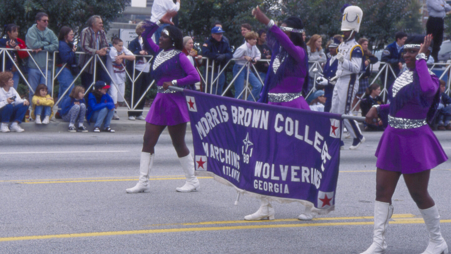 View of Morris Brown College Marching Band in a parade celebrating the 1995 World Series victory of the Atlanta Braves in downtown Atlanta, Georgi