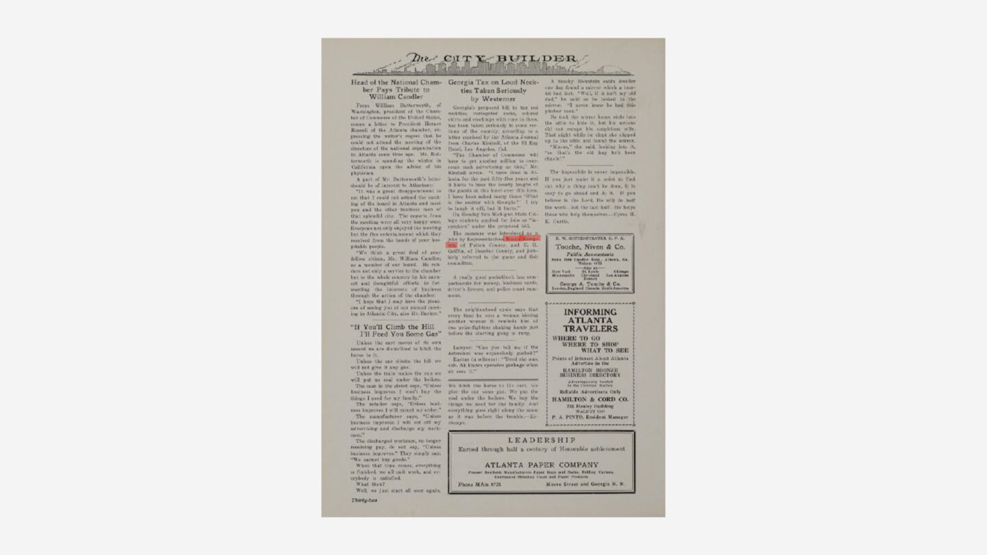 The City Builder, February 1931. "Georgia Tax on Lound Neckties Taken Seriously by Westerner." Metro Atlanta Chamber of Commerce (Atlanta, Ga.). 1931 February.