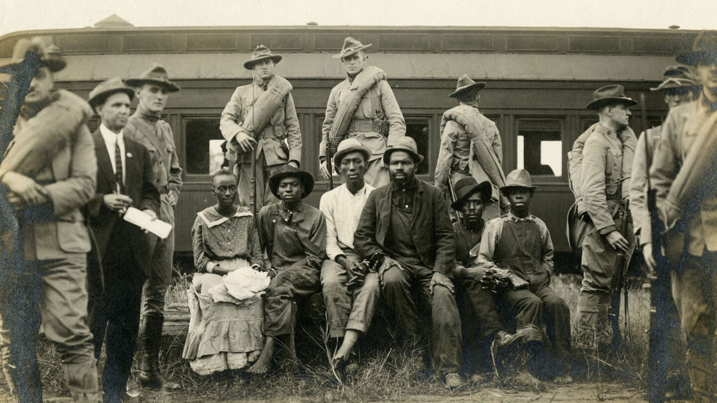 The accused prisoners in Buford, Georgia, before their trial. From left to right, Jane Daniel, Oscar Daniel, Toney Howell, Ed Collins, Isaiah Pirkle, and Ernest Knox.