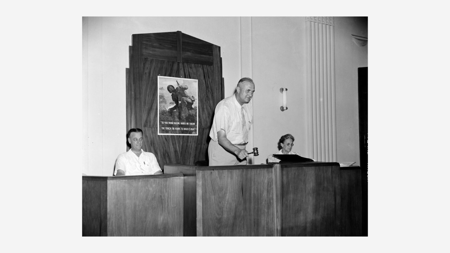 View of Macon City Clerk Viola Ross Napier (right) and two unidentified men inside a courtroom in Macon, Georgia
