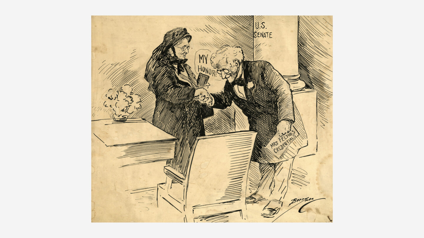 Drawing of Felton being welcomed to the U.S. Senate
