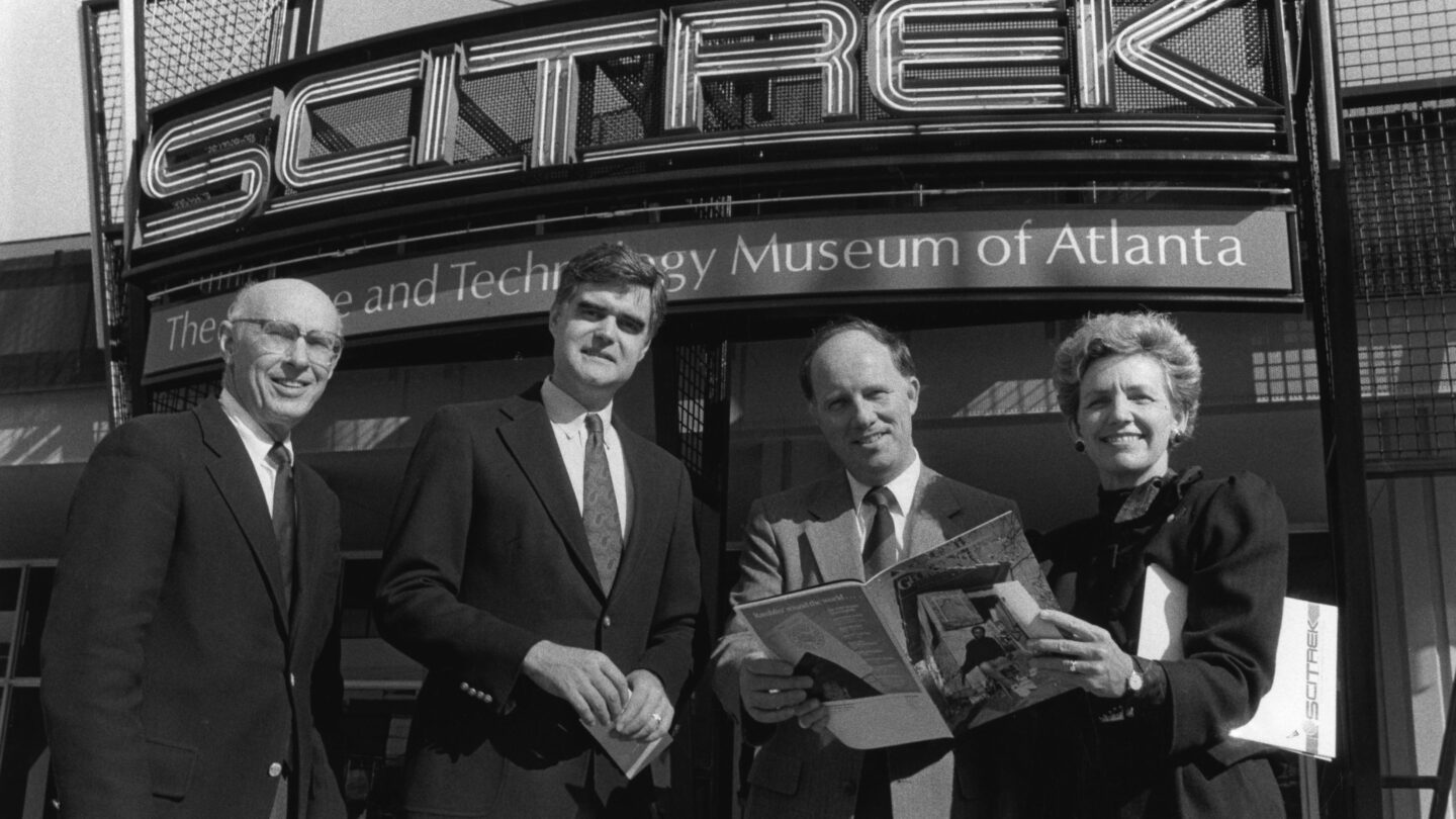 SciTrek directors with donors from Ford outside the museum, circa 1980s.
