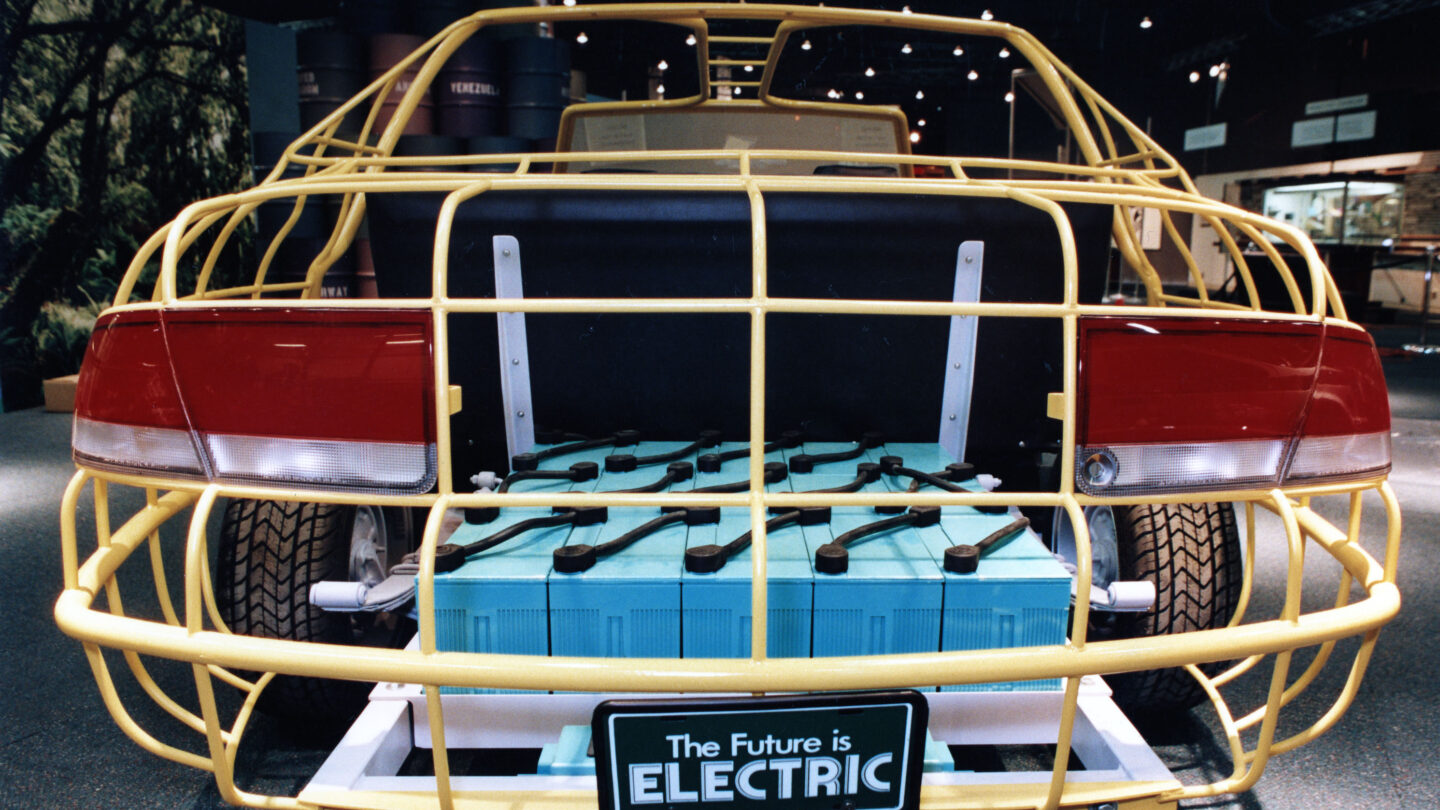 Frame of an electric car on display at the SciTrek museum, 1993